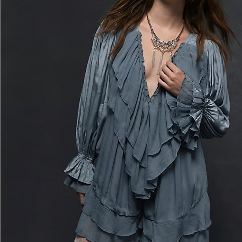 Free People Prairie Dusty Blue Ruffled Jumpsuit XS